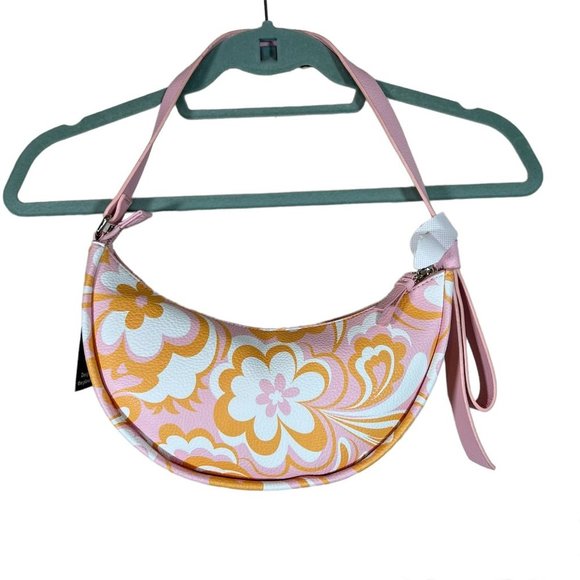 No Boundaries Half Moon Shoulder Bag Purse Retro Floral 90s Pink Orange NWT - Picture 2 of 9